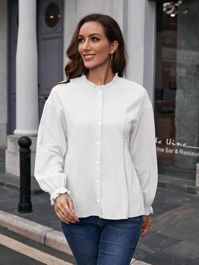 Frill Button Up Flounce Sleeve Blouse White