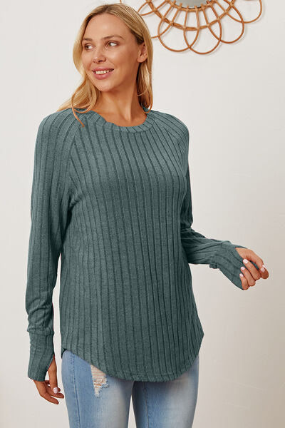 Basic Bae Full Size Ribbed Thumbhole Sleeve T-Shirt Teal