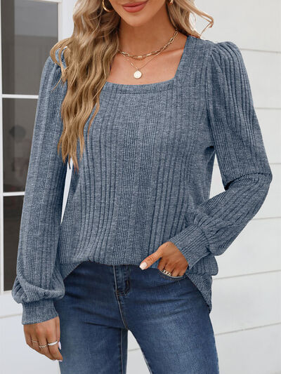 Square Neck Long Sleeve Blouse French Blue