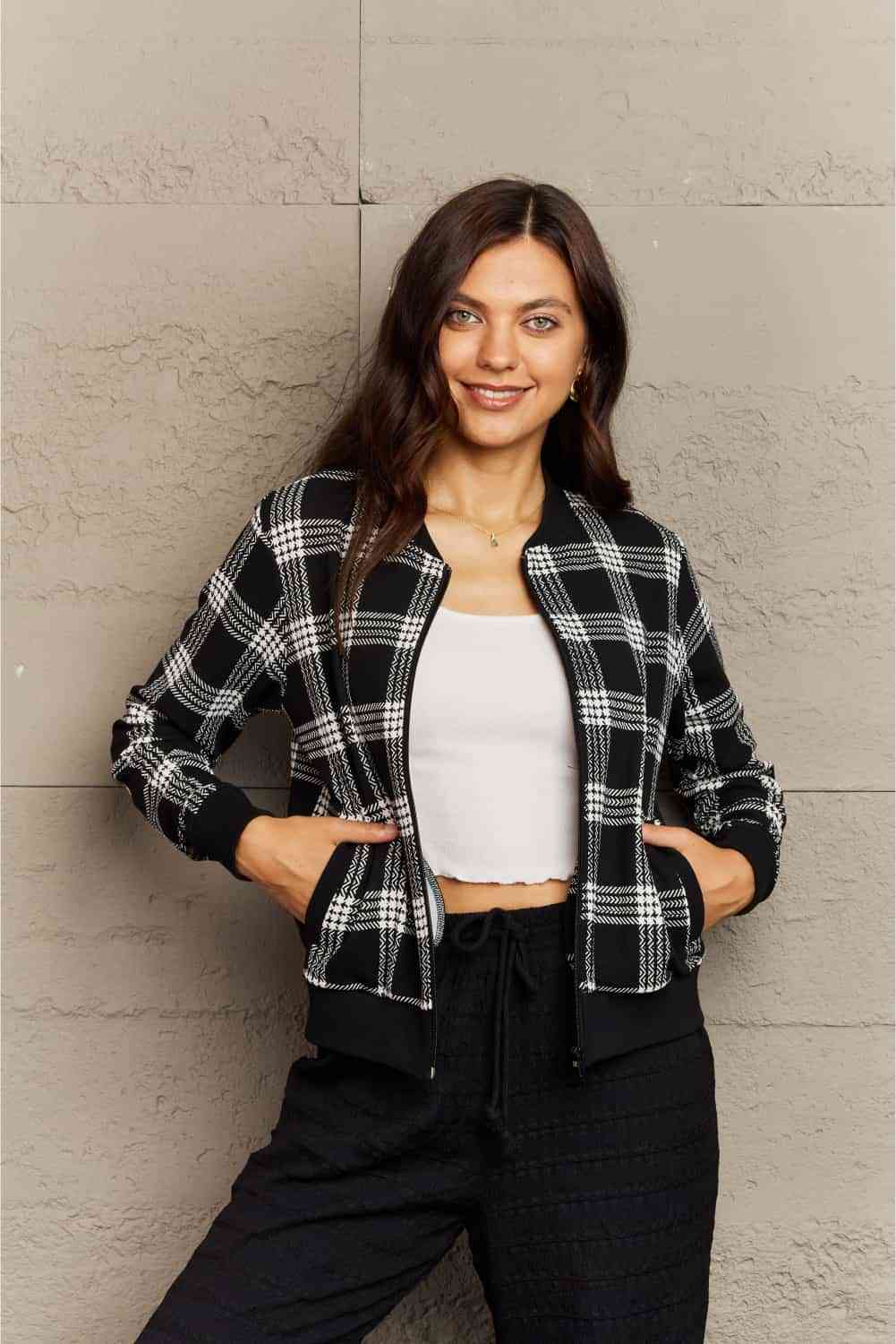 Ninexis Full Size Plaid Round Neck Long Sleeve Jacket Black