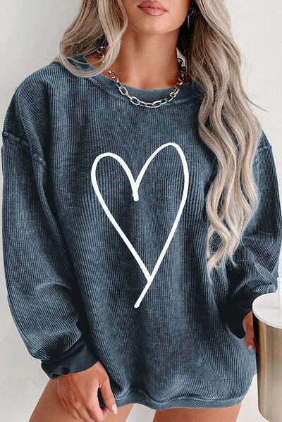 Plus Size Heart Ribbed Round Neck Sweatshirt French Blue