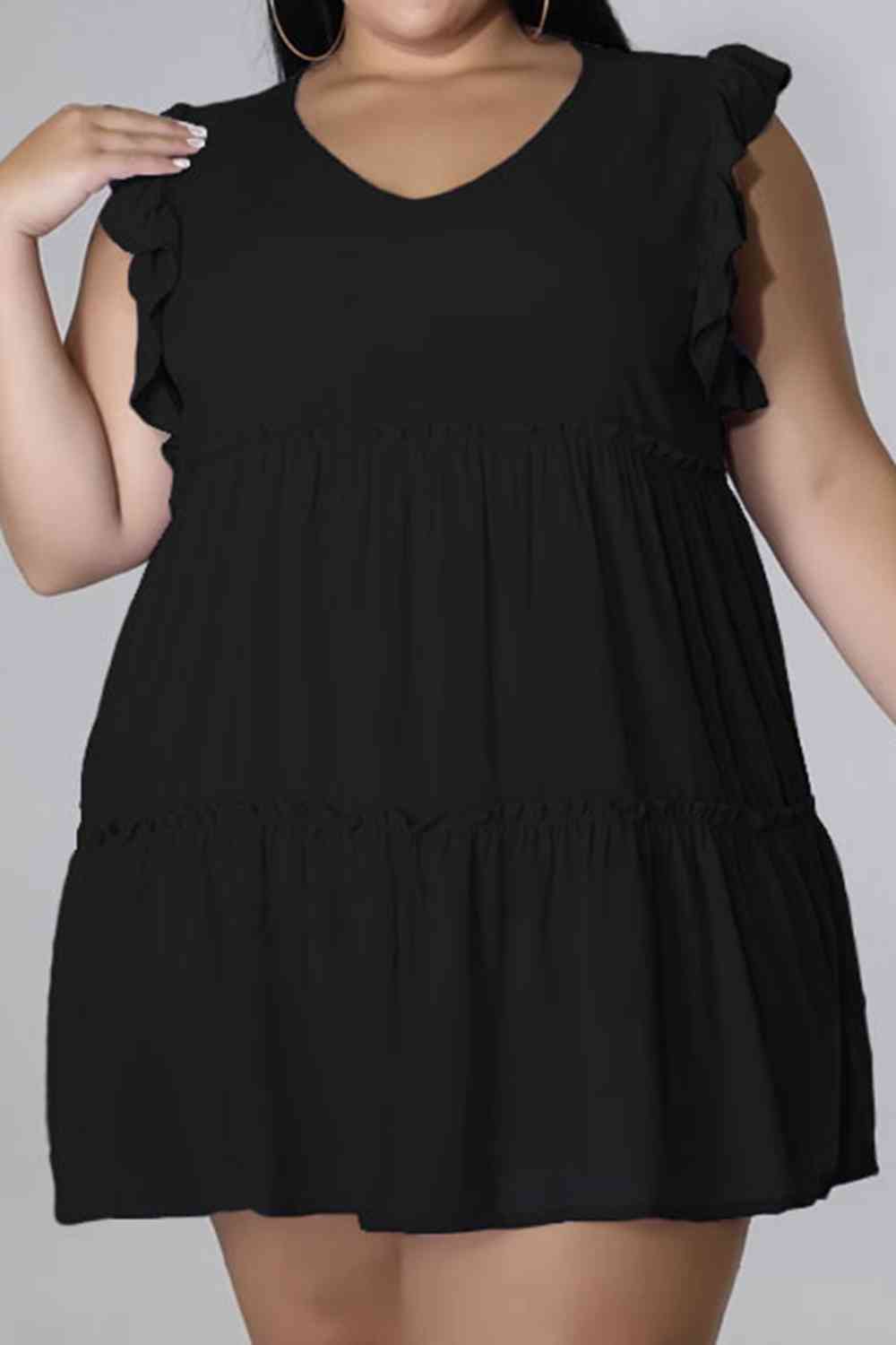 Plus Size V-Neck Frill Trim Mini Dress Black