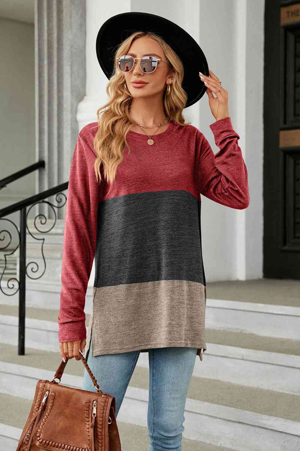 Color Block Round Neck Long Sleeve Slit T-Shirt Deep Red