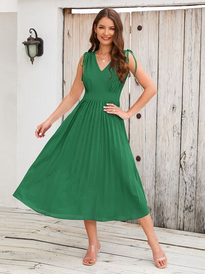 Pleated V-Neck Sleeveless Midi Dress Green