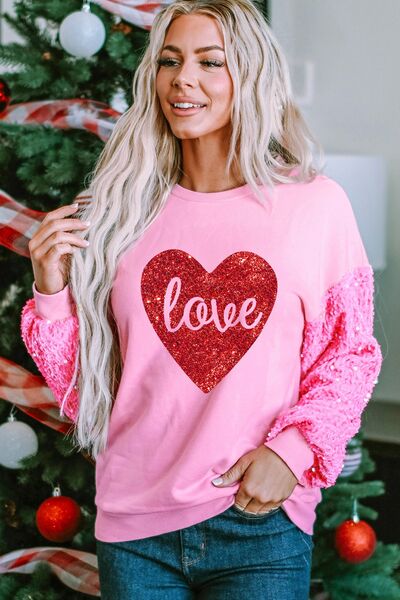 LOVE Heart Sequin Dropped Shoulder Sweatshirt Carnation Pink