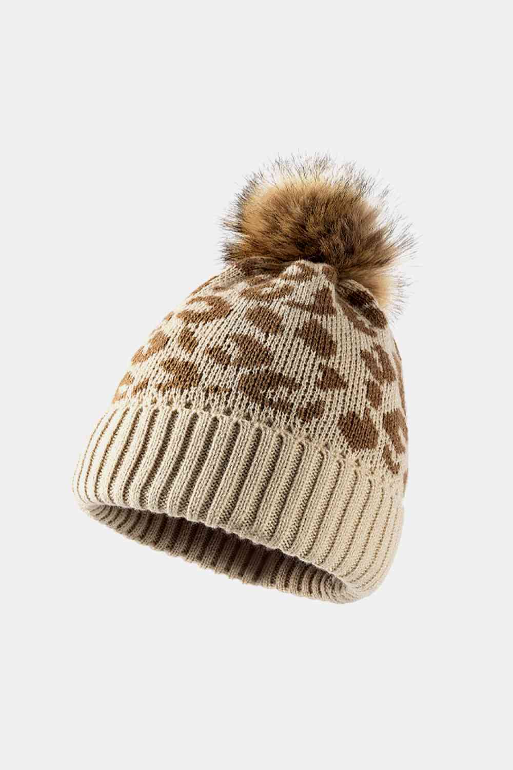 Leopard Pom-Pom Cuffed Beanie Beige One Size