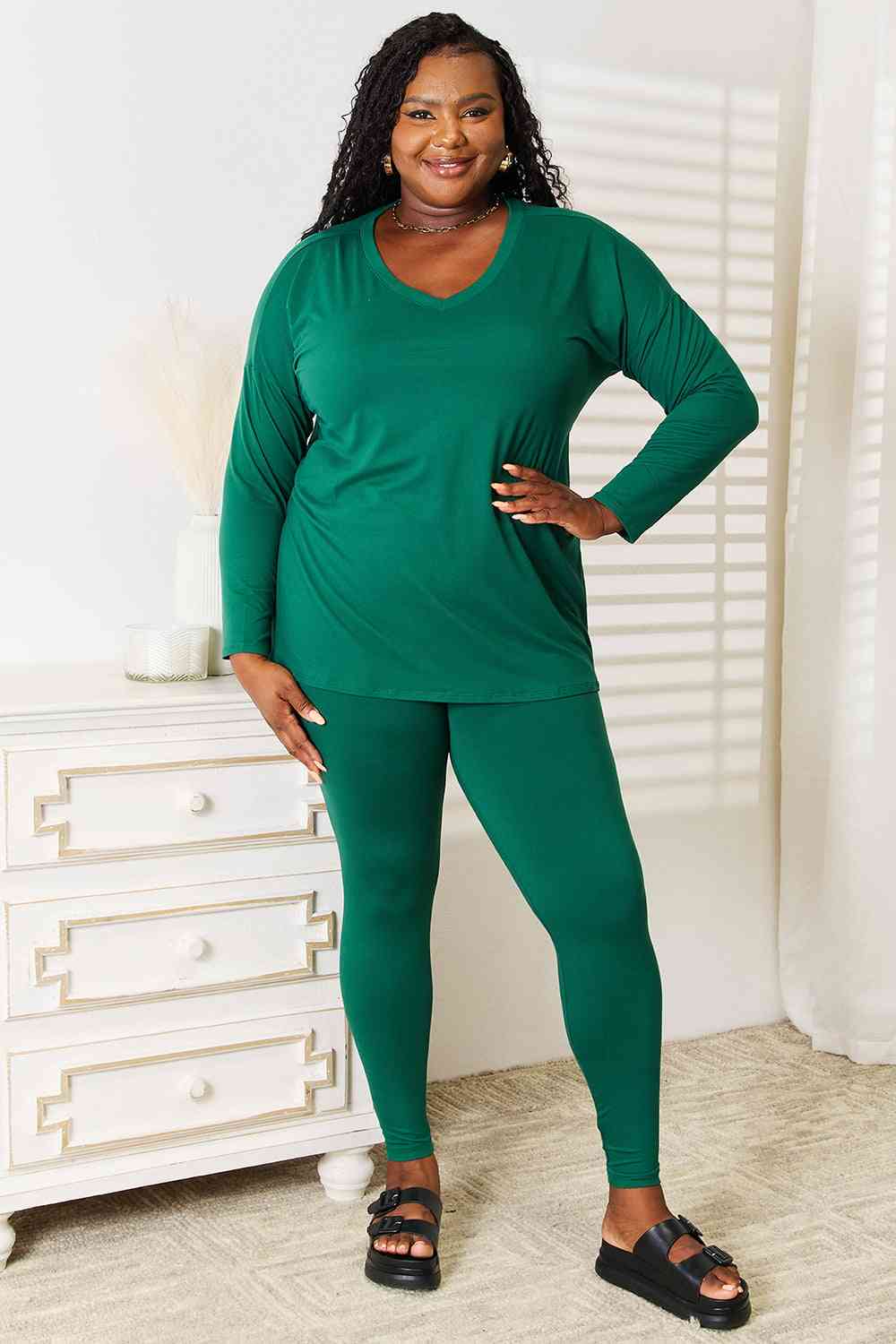 Zenana Lazy Days Full Size Long Sleeve Top and Leggings Set Dark Green