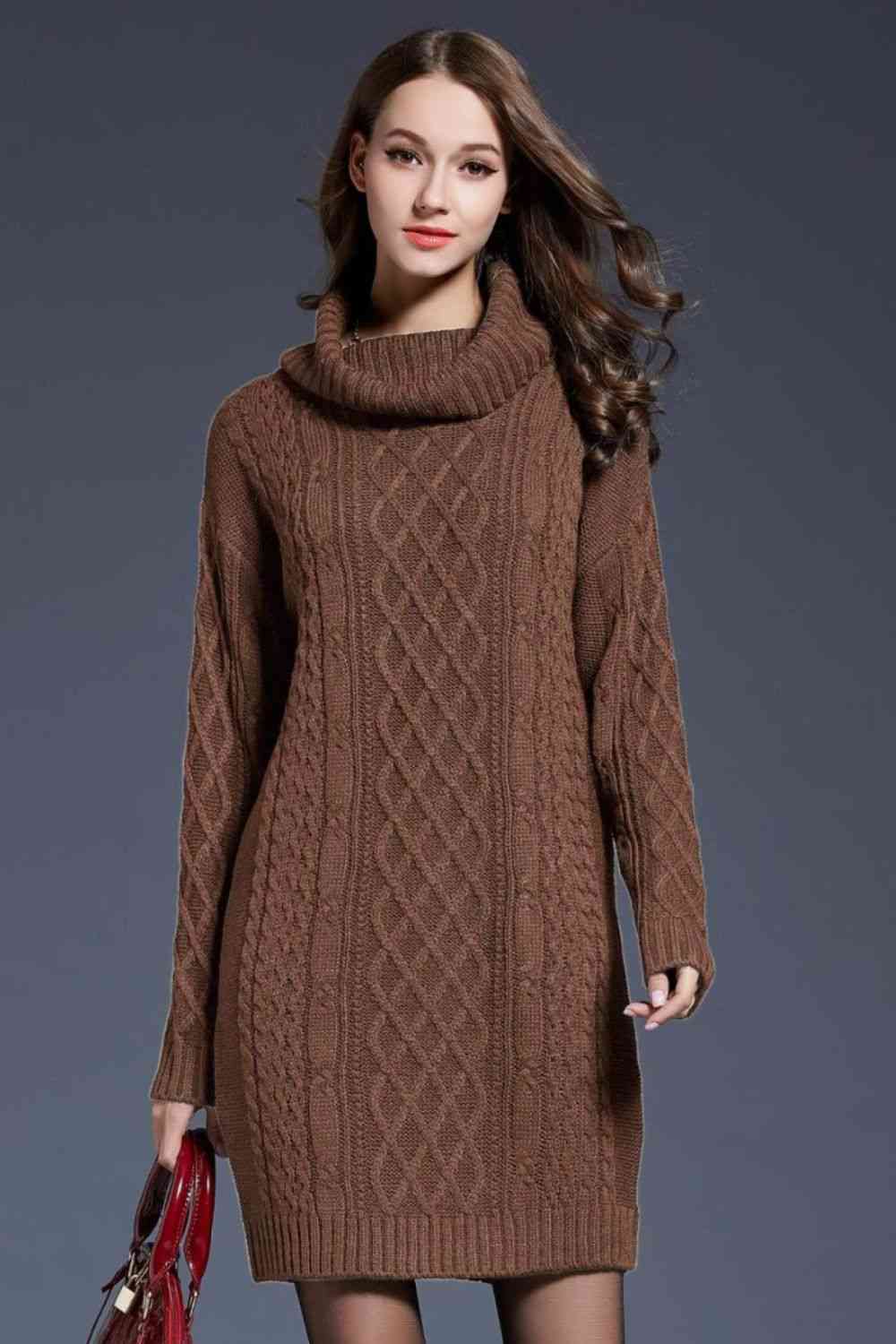 Woven Right Full Size Mixed Knit Cowl Neck Dropped Shoulder Sweater Dress Brown