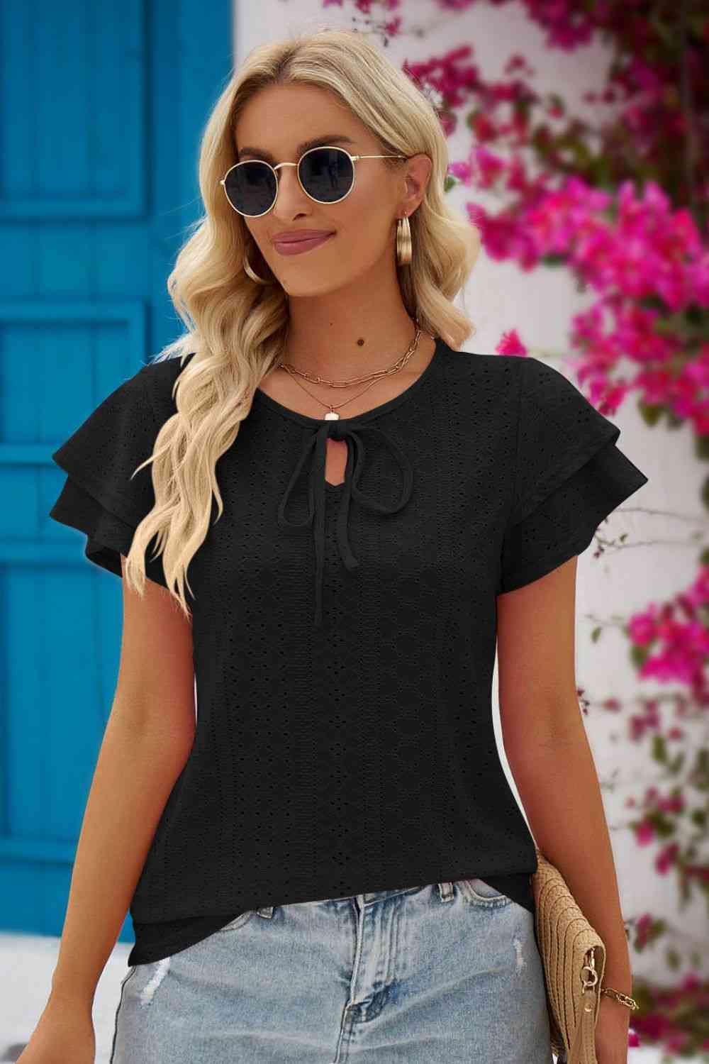 Eyelet Tie-Neck Flutter Sleeve Blouse Black