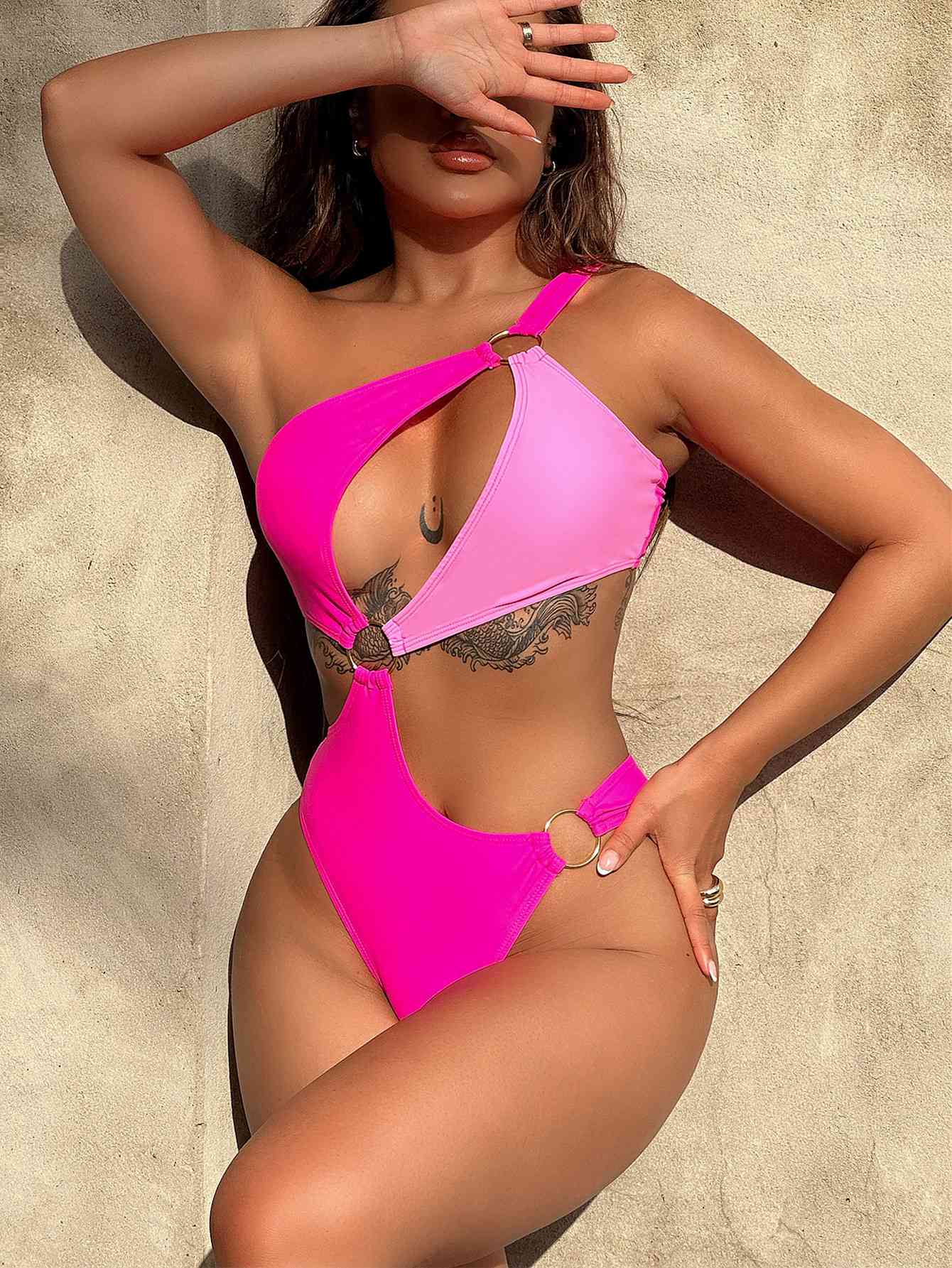 One-Shoulder Cutout Ring Detail One-Piece Swimsuit Hot Pink M