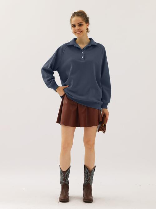 Ninexis Full Size Quarter-Button Collared Sweatshirt Dusty Blue