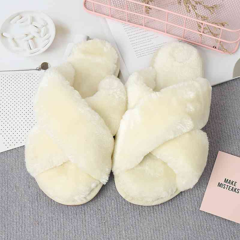 Faux Fur Crisscross Strap Slippers Ivory