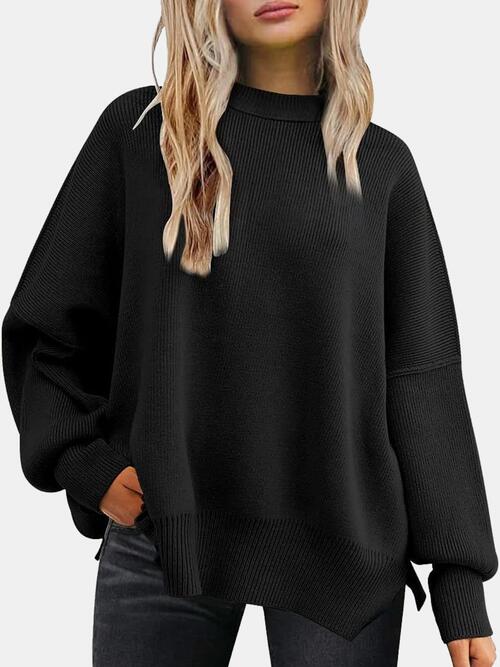 Round Neck Drop Shoulder Slit Sweater Black