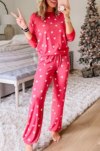 Heart Round Neck Top and Pants Set Red