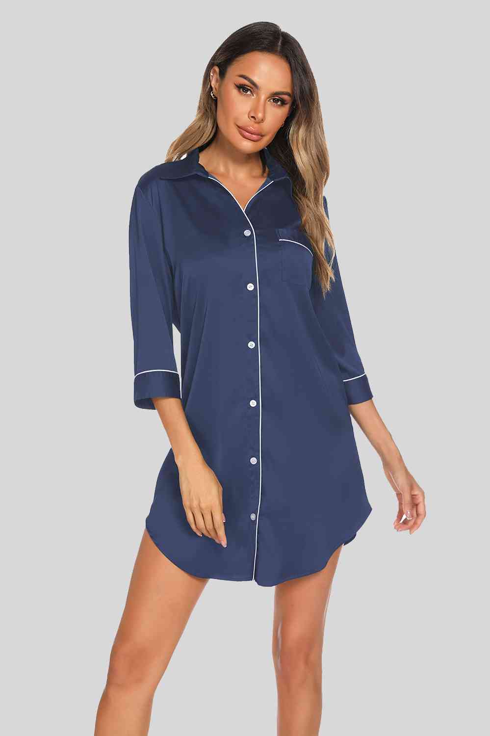 Button Up Collared Neck Night Dress with Pocket French Blue