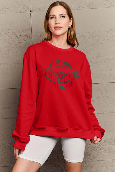 Simply Love Full Size MY GREATEST BLESSINGS CALL ME MOM Round Neck Sweatshirt Wine