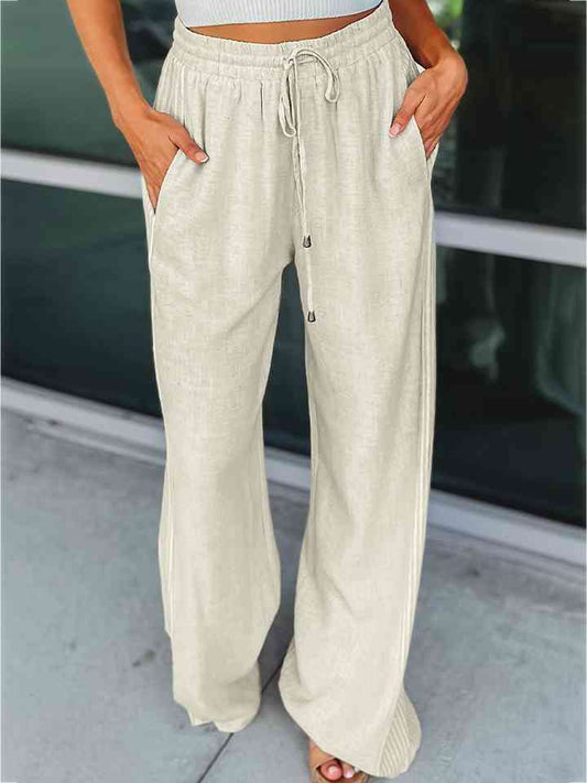 Drawstring Wide Leg Pants White