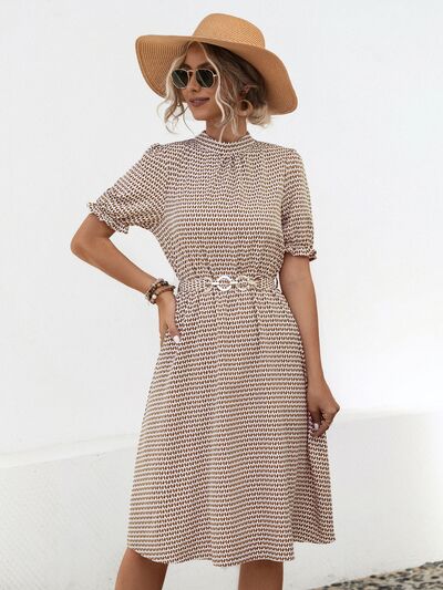 Printed Mock Neck Flounce Sleeve Dress Camel