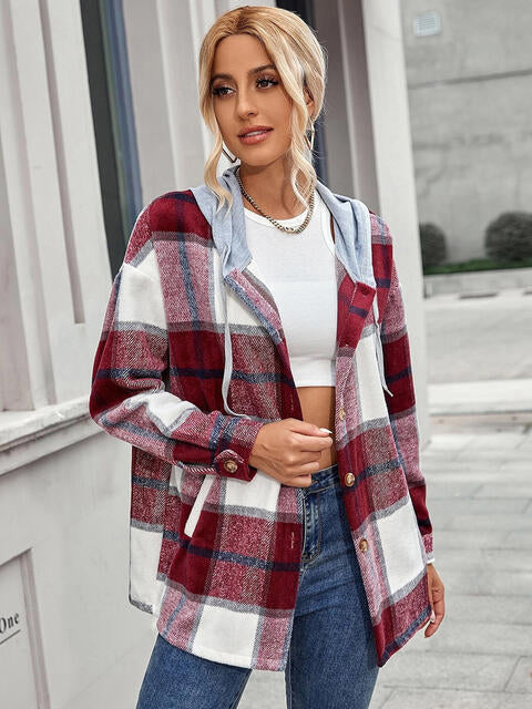 Plaid Hooded Jacket with Pockets Wine