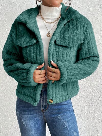 Fuzzy Button Up Collared Neck Jacket Teal
