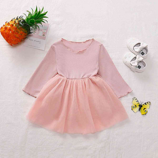 Girls Round Neck Ribbed Tulle Dress Peach