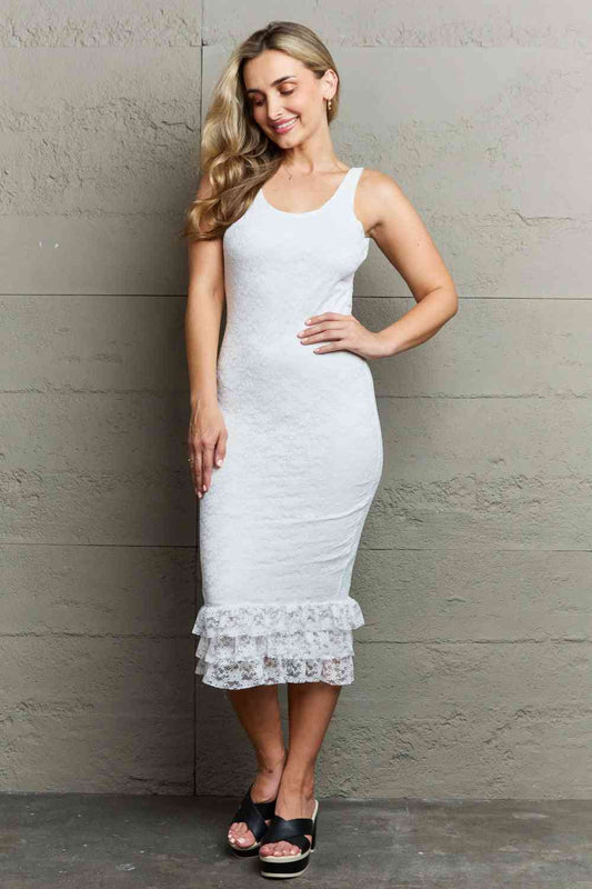 HIDDEN No Doubts Sleeveless Bodycon Ruffle Midi Dress Off White