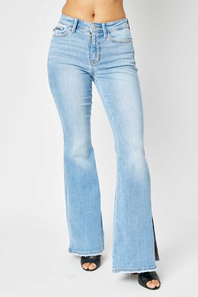 Judy Blue Full Size Mid Rise Raw Hem Slit Flare Jeans Medium