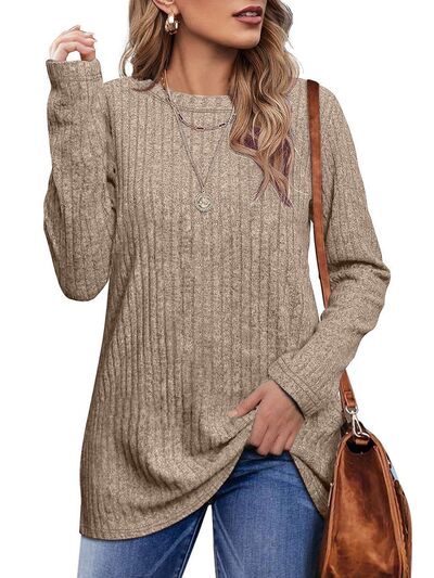 Ribbed Round Neck Long Sleeve Blouse Camel