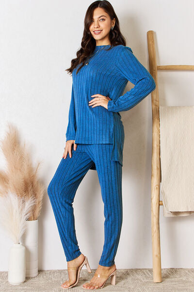Basic Bae Full Size Ribbed Round Neck High-Low Slit Top and Pants Set Royal Blue