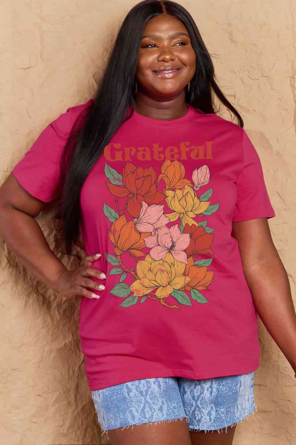 Simply Love Full Size GRATEFUL Flower Graphic Cotton T-Shirt Deep Rose