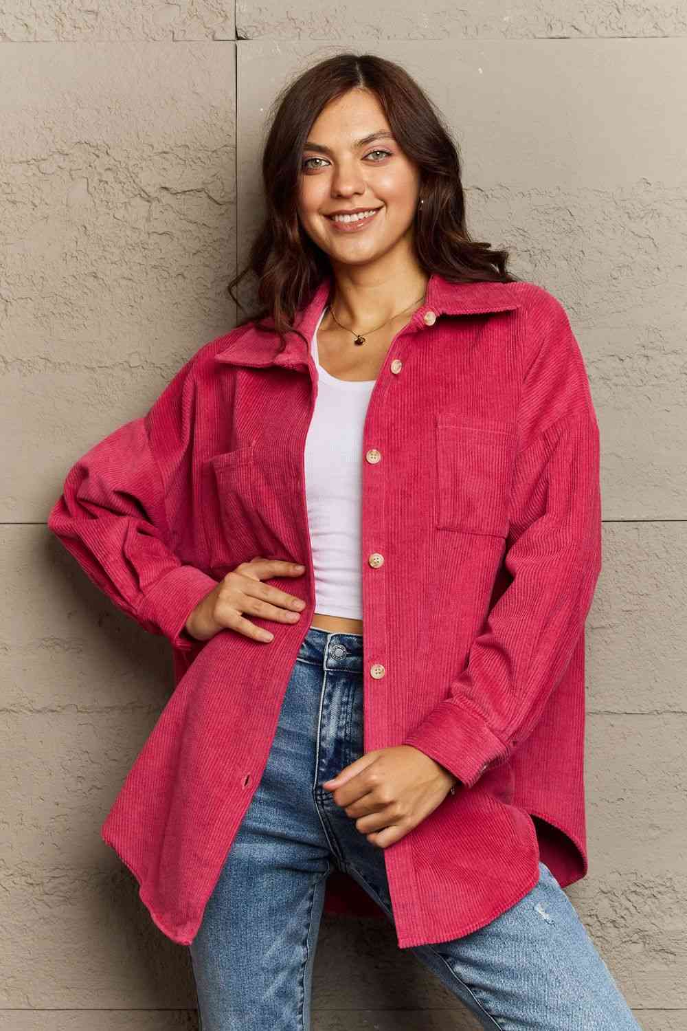Ninexis Collared Neck Dropped Shoulder Button-Down Jacket Strawberry