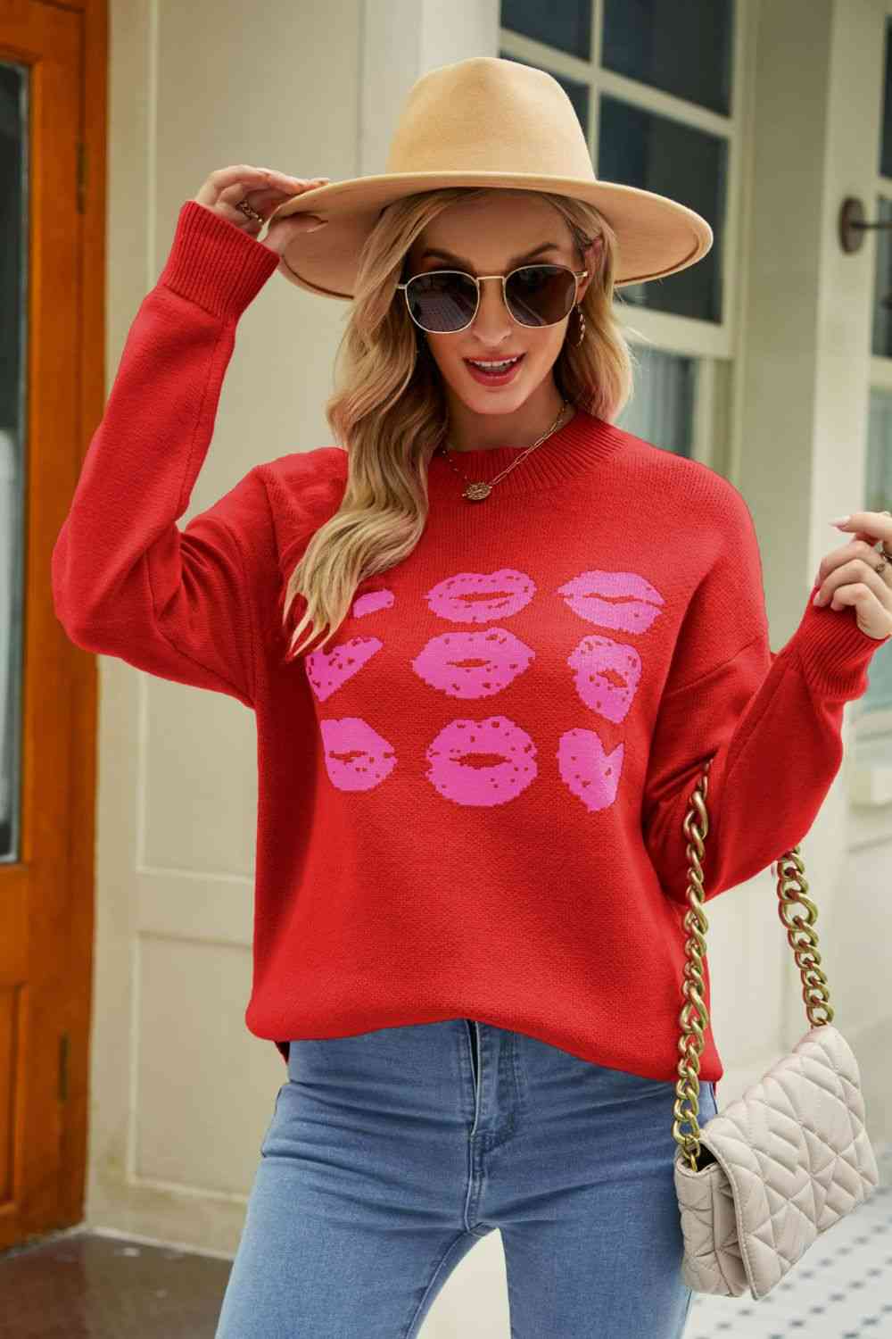 Woven Right Lip Graphic Slit Dropped Shoulder Sweater Red