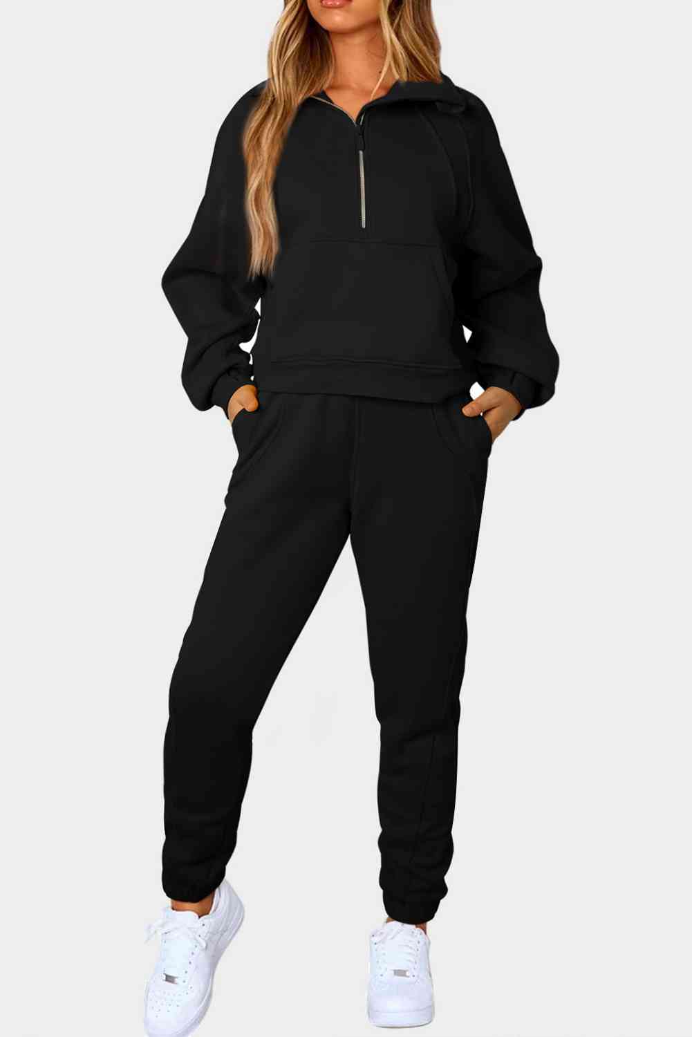 Half-Zip Sports Set with Pockets Black