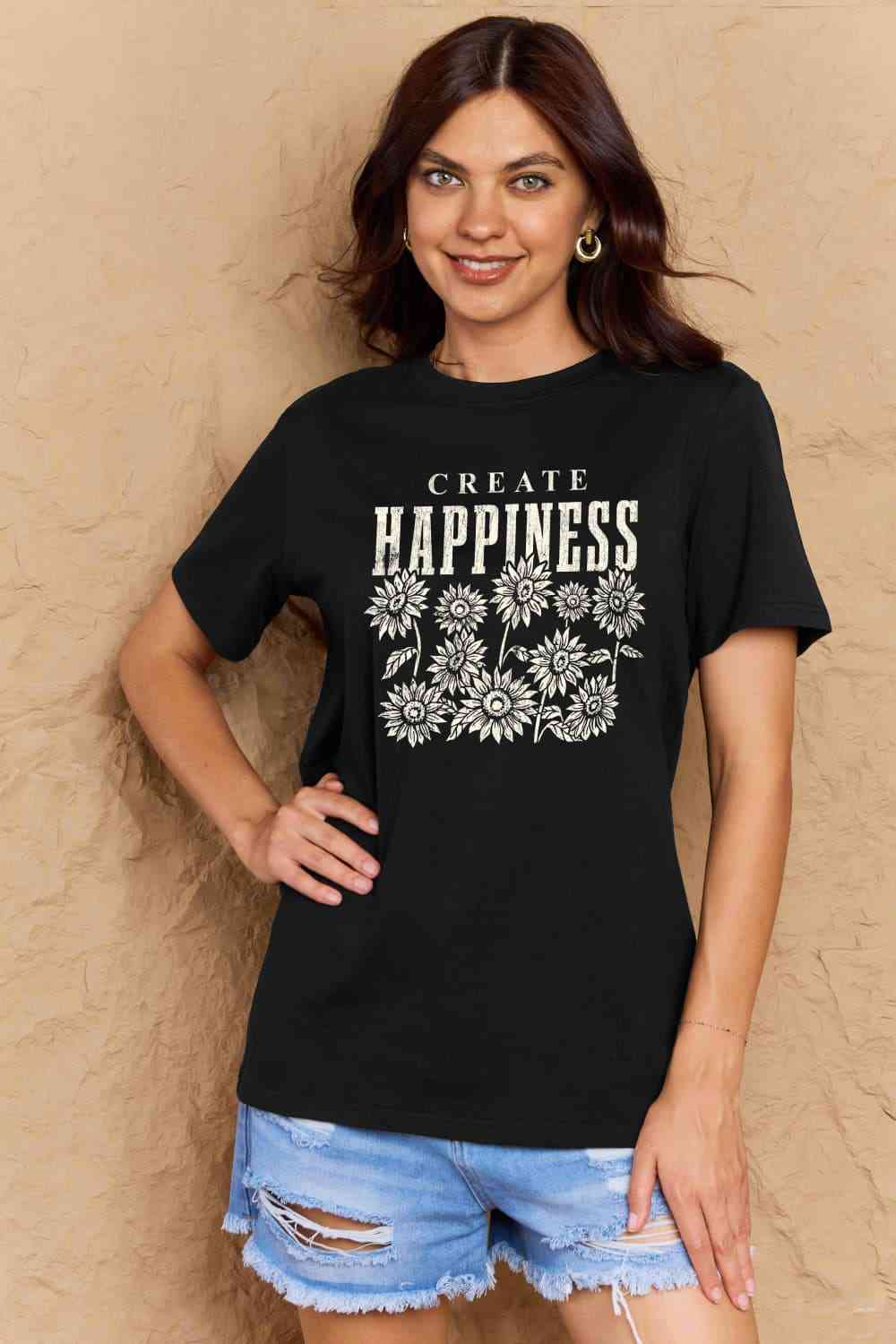 Simply Love Full Size CREATE HAPPINESS Graphic Cotton T-Shirt Black