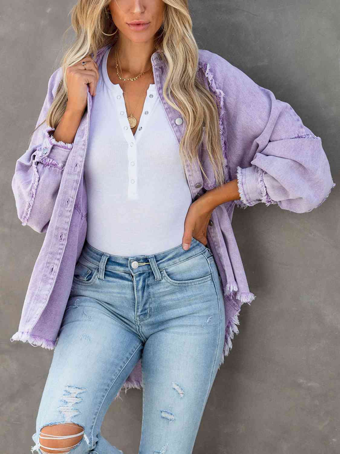 Button Down Raw Hem Denim Jacket Lavender