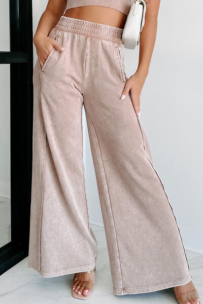 Mineral Wash Smocked Waist Wide Leg Pants Dust Storm