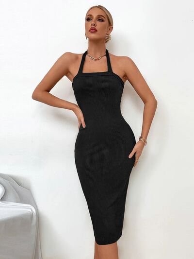 Ribbed Halter Neck Wrap Dress Black