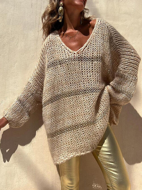 Openwork V-Neck Long Sleeve Sweater Pastel Yellow