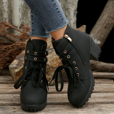 PU Leather Round Toe Block Heel Boots Black