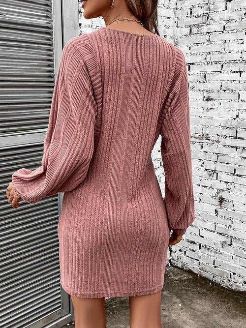 Ribbed Round Neck Long Sleeve Dress