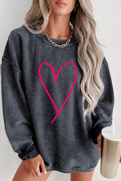 Heart Round Neck Dropped Shoulder Sweatshirt Charcoal