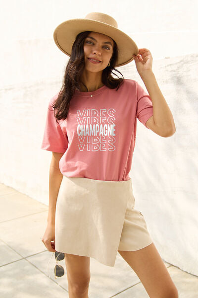 Simply Love Full Size CHAMPAGNE VIBES Round Neck T-Shirt Dusty Pink