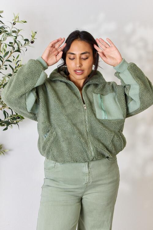 Heimish Full Size Zip Up Collared Neck Jacket Sage