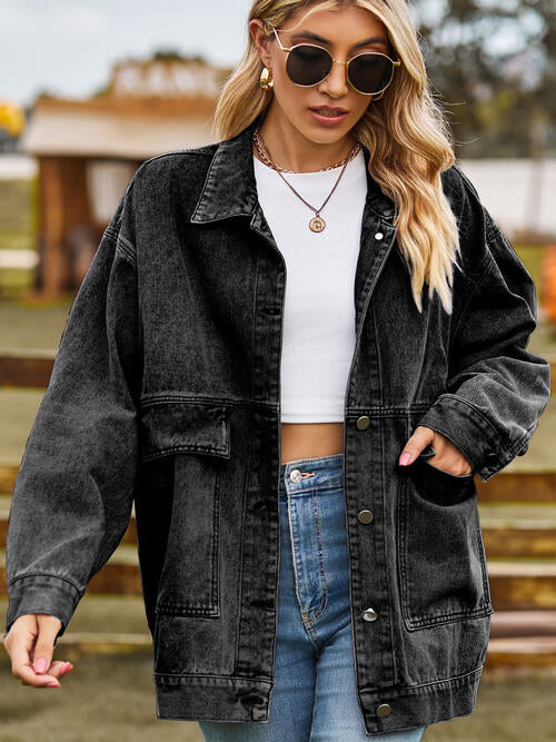 Collared Neck Button Up Denim Jacket Black