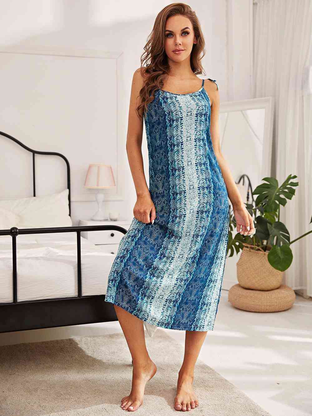 Printed Tie Shoulder Midi Night Dress Teal