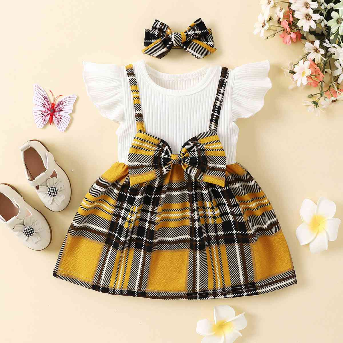 Plaid Print Bow Detail Dress Mustard