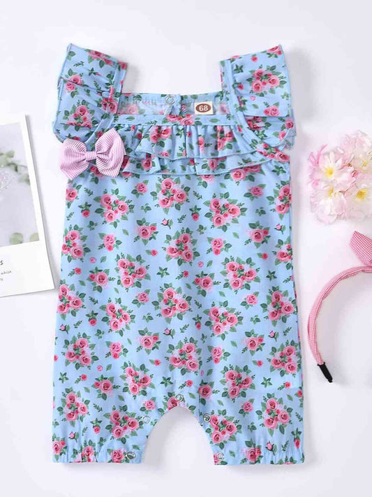 Baby Girl Printed Bow Detail Square Neck Romper Pastel Blue