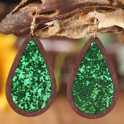 Sequin Wood Teardrop Earrings Mid Green One Size