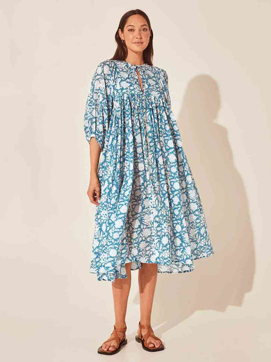 Floral Tie Neck Lantern Sleeve Dress Pastel Blue