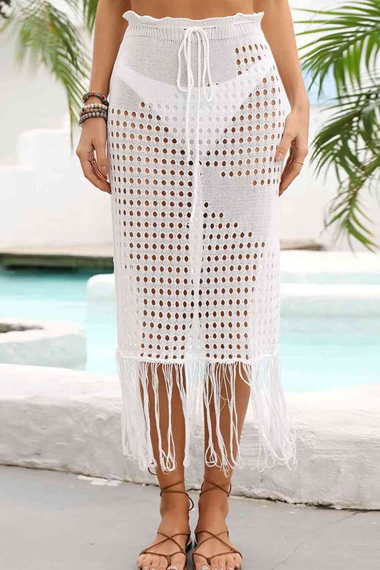 Fringe Hem Drawstring Waist Openwork Skirt White